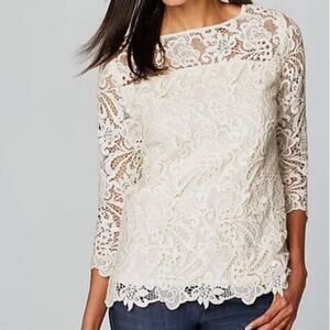 J. Jill Blouse Size XS Ivory Cream Lace Overlay Crochet Top Holiday Party